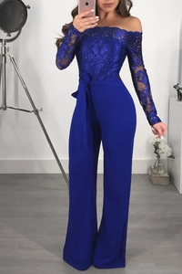 Detail of royal blue off-shoulder jumpsuit with lace sleeves and high waist belted wide legs