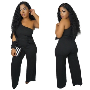 Elegant black one-shoulder cutout jumpsuit with long split sleeve and waist bow tie