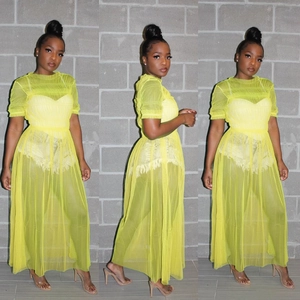 Detailed views of semi-transparent mesh dress with lettuce trim and sheer yellow fabric