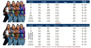 Size chart for colorful camouflage puffer jacket with measurements from S to 4XL