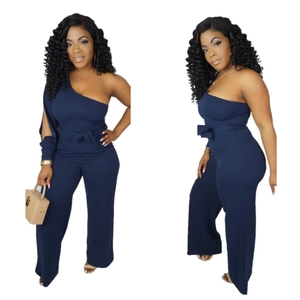 Navy blue one-shoulder long sleeve wide leg jumpsuit with waist tie in front and side view