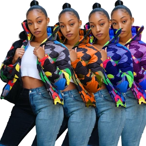 Women Men Colorful Camo Puffer Jacket Quilted Stand Collar Zipper Long Sleeve Streetwear Warm Winter Coat Padded Jacket