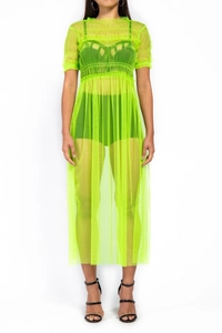 Detail of neon green mesh dress featuring high neck ruffle trim and sheer mesh texture