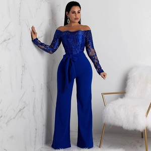 Detail of royal blue off-shoulder lace jumpsuit with waist bow and wide legs
