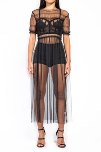 Detail of sheer black mesh dress with elegant ruffle edges and lace lingerie underlay