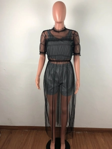 Detail view of the sheer black mesh dress over gray crop top and shorts ensemble