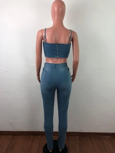 Detailed back view of a denim two-piece set featuring a crop top with a zipper and slim jeans