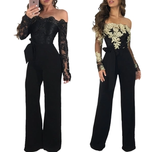 Detailed view of lace off-shoulder long sleeve jumpsuits with tied waist and wide legs