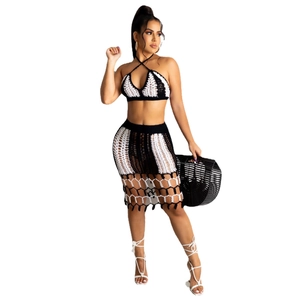 Women's 2-piece knit crochet beach set with black and white striped halter top and skirt
