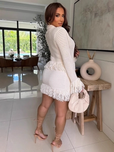 Women crochet knit set with long sleeve top and fringe mini skirt in cream white