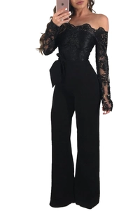 Detail of black lace off-shoulder bodice with floral embroidery and belted wide-leg jumpsuit