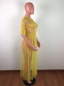 Detail view of yellow sheer mesh maxi dress featuring ruffled edges and puff sleeves