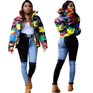 Front and back view of a colorful camouflage hooded puffer jacket with vibrant pattern
