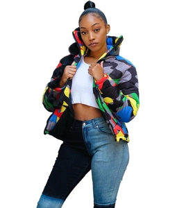 Short camo puffer jacket with bold multicolor print and vibrant streetwear style