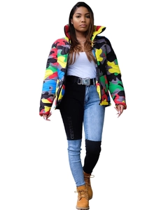 Macro detail of vibrant rainbow camouflage puffer jacket with premium quilted texture