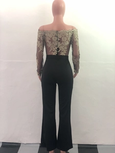 Rear view of off-shoulder lace bodice jumpsuit with high-waisted black wide-leg trousers