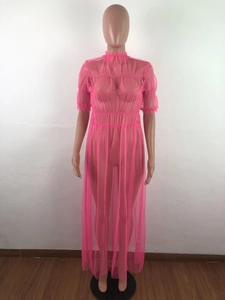 Detail of sheer rose pink mesh maxi dress featuring ruffled high neck and bubble sleeves