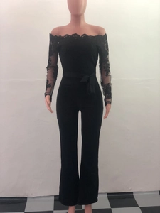 Detail of elegant black lace off-shoulder neckline and long sleeves on a jumpsuit