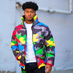 Unisex colorful camouflage puffer jacket with stand collar and streetwear aesthetic
