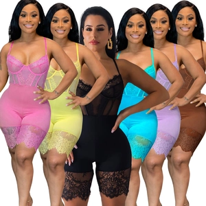 Women Sexy Lace Bodysuit Slim Fit Mesh Romper Sexy Sleeveless Spaghetti Strap Clubwear Party Wear One Piece Jumpsuit Outfit
