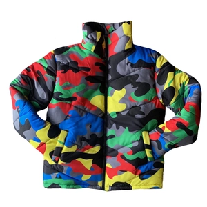 Unisex colorful camouflage quilted puffer jacket with stand collar and full zipper closure