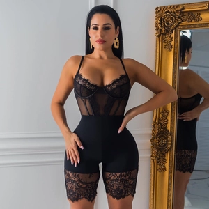 Elegant black lace bodysuit romper with sheer mesh panels and floral lace thigh trim
