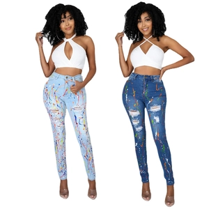 Pantaloni Denim Donna Skinny a Vita Alta Strappati Con Spruzzi di Vernice Colorati Jeans Distressed Streetwear Slim Fit