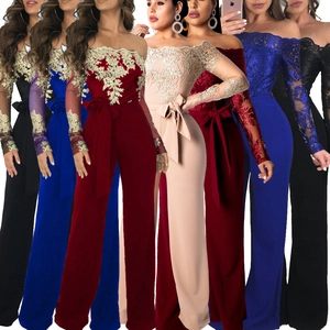 Women's Off Shoulder Lace Embroidery Long Sleeve Jumpsuit Elegant High Waist Wide Leg Jumpsuit For Party Banquet Evening Wear