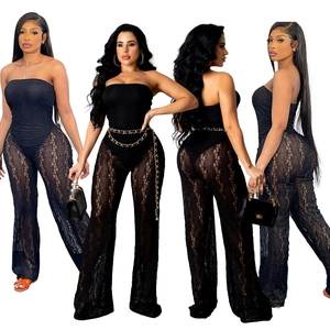 Combinaison Femme Sexy Noire Épaules Dénudées Dentelle Mesh Transparent Floral Jambes Larges Avec Ceinture Chaîne Or Fête