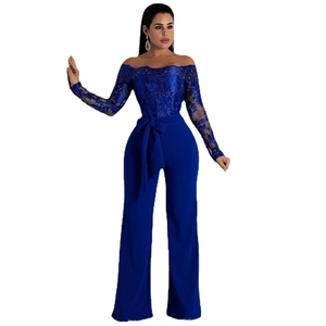 Navy blue lace off-shoulder wide-leg jumpsuit with long sleeves and waist tie belt