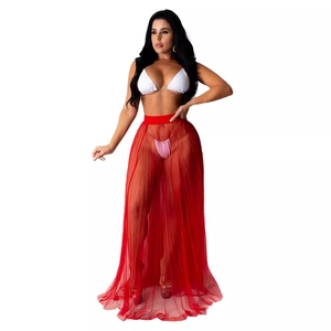 Conjunto playero de 3 piezas de malla sexy con top de bikini y falda roja larga