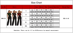 Detailed size chart for wide leg sequin jumpsuit with measurements in cm and inches