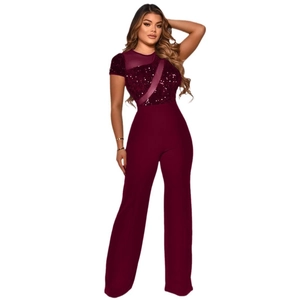 Detail of burgundy jumpsuit featuring sequin embellishments and mesh patchwork design