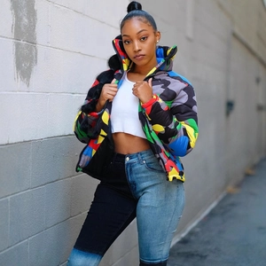 Short colorful camouflage puffer jacket with stand collar for trendy streetwear style