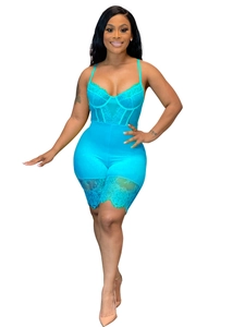 Close-up of bright blue lace bodysuit with delicate straps and V-neckline detail