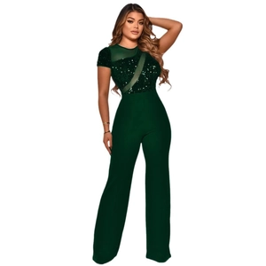 Detail of dark green sequin bodice and V-neck mesh insert on short sleeve wide leg jumpsuit