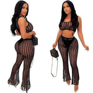 Detail of black crochet knit two-piece set featuring mesh see-through hollow out patterns