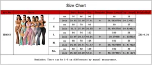 Size chart for two-piece crochet set showing bust, waist, and hip in cm and inches