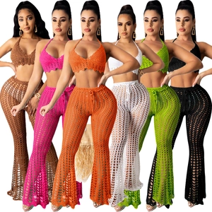 Women Sexy Linen Crochet Top And Bottom Halter Bra Top With Hollow Out Wide Leg Pants Beach Vacation Bohemian Knit Outfits