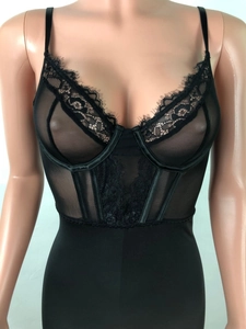 Close-up detail of black lace bodysuit featuring underwire cups and sheer mesh panels