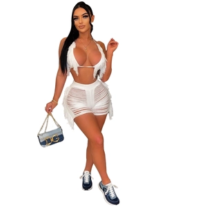 Set Sopra E Sotto Donna Sexy a Maglia Con Frange Top a Reggiseno Con Lacci al Collo Pantaloncini Cut Out Nappa Beachwear Estate Club