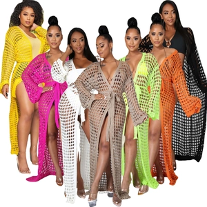 Women Casual Crochet Maxi Beach Cover Up Long Sleeve Hollow Out Cardigan With Belt Knit Sunscreen Smock Vacation Pool Wear