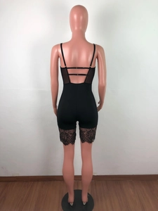 Detailed back view of a black lace bodysuit featuring hollow-out design and adjustable straps