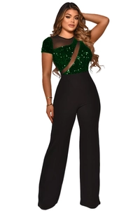 Detail of sequin mesh patchwork on wide leg jumpsuit for women in dark green