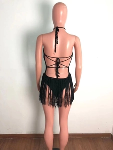 Detailed back view of black crochet beach dress featuring fringe and cross-back straps