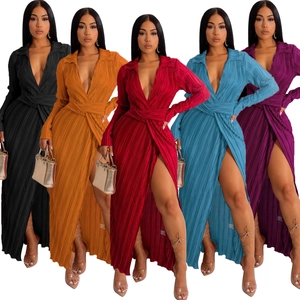Robe Longue Plissée à Manches Longues et Col en V Profond Sexy pour Femmes Élégante avec Fente Haute Couleur Unie Robe de Soirée