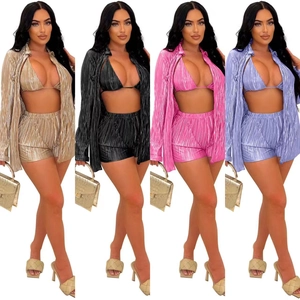 Ensemble de Vêtements de Vacances pour Femmes Sexy Chemise à Manches Longues Plissée Haut de Bikini Et Short Lustre Métallique