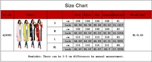 Detailed size chart for French knit maxi dress with measurements in cm and inches
