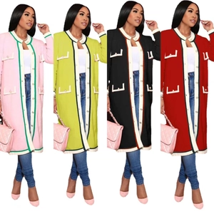 Elegant French Style Contrast Trim Long Knit Cardigan For Women Button Up Round Neck Long Sleeve Retro Knitwear Jacket