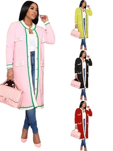 French style long knit cardigan dress in four colors with gold buttons and contrast trim